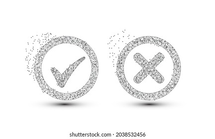 cross and check mark icon. consisting of points, lines, and shapes in the form of design. Low poly vector on white background.