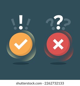 Cross and check mark icon in flat style. Right and wrong answer vector illustration on isolated background. True or false questionnaire sign business concept.