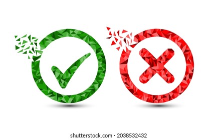cross and check mark icon. Low poly Yes or No vector on white background.