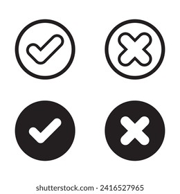 Cross check mark icon, set of flat round buttons on white background