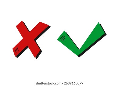 Cross and check mark icon set. Vector illustration isolated on white background. Includes simple check and cross symbols for general use.