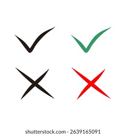 Cross and check mark icon set. Vector illustration isolated on white background. Includes simple check and cross symbols for general use.