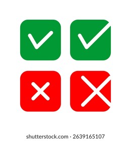 Cross and check mark icon set. Vector illustration isolated on white background. Includes simple check and cross symbols for general use.
