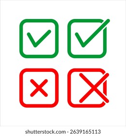 Cross and check mark icon set. Vector illustration isolated on white background. Includes simple check and cross symbols for general use.
