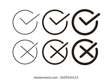 Cross and check mark icon set. Vector illustration isolated on white background. Includes simple check and cross symbols for general use.