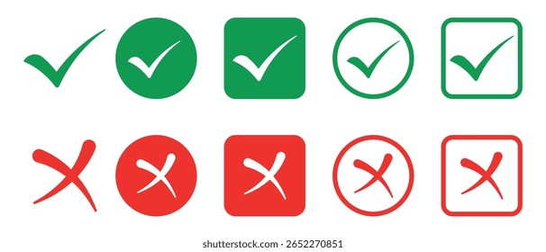 Conjunto de iconos de cruz y marca de verificación.