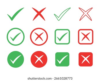 Conjunto de íconos de marca de verificación y cruzada, ícono de validación y rechazo o Botones correctos incorrectos o marca de verificación sí o no