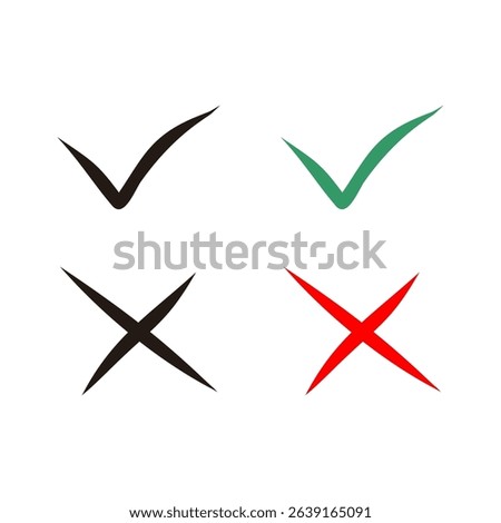 Cross and check mark icon set. Vector illustration isolated on white background. Includes simple check and cross symbols for general use.