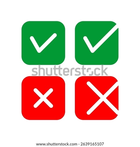 Cross and check mark icon set. Vector illustration isolated on white background. Includes simple check and cross symbols for general use.
