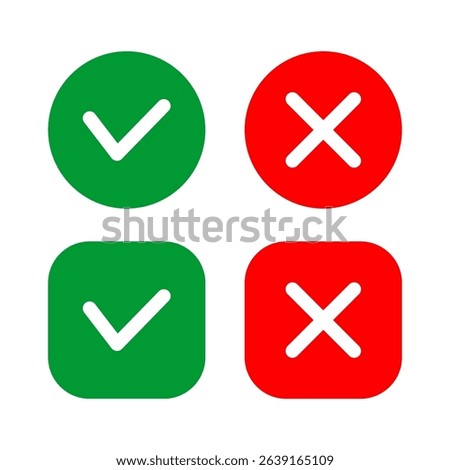 Cross and check mark icon set. Vector illustration isolated on white background. Includes simple check and cross symbols for general use.