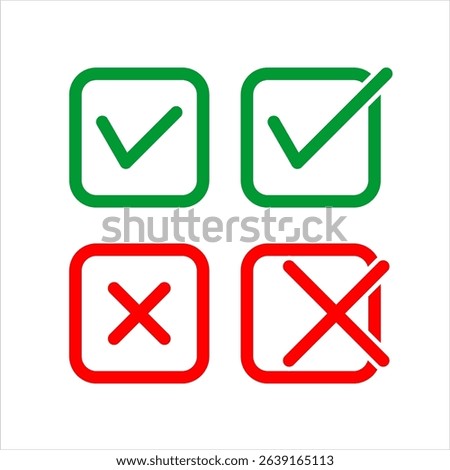 Cross and check mark icon set. Vector illustration isolated on white background. Includes simple check and cross symbols for general use.