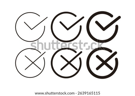 Cross and check mark icon set. Vector illustration isolated on white background. Includes simple check and cross symbols for general use.