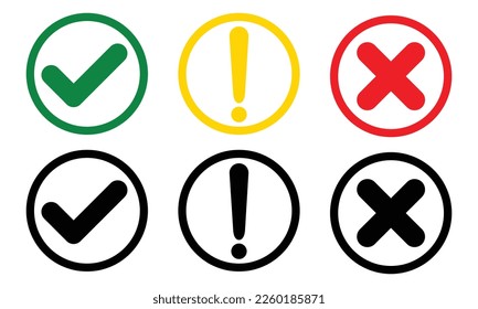 Cross check mark icons, flat rounds and black colour set vector illustration 