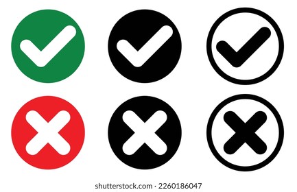 Cross check mark icons, flat round buttons and black colour set vector illustration 