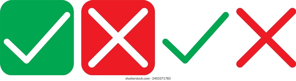 Cross check mark icons, flat round buttons set. Vector.