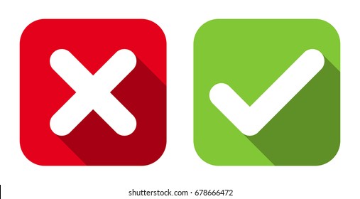 Cross & check mark icons, flat square buttons set. Vector EPS10