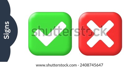 Cross check mark icons, flat square buttons set. Vector illustration 