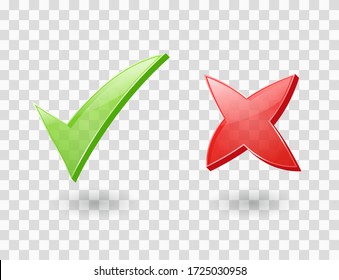 Cross and check mark icons. Green and red 3d ticks for right and wrong choice. Yes and No buttons. Vector clear symbols of correct choose and cancel, accept and reject. Positive and negative signs