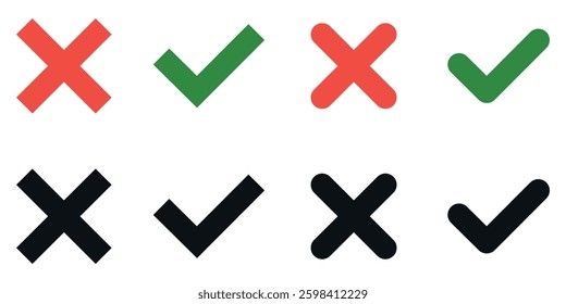 Cross and Check Mark Icons Set, Green, Red, Black, Button, Flat Symbols, Isolated, Yes, No, Vector