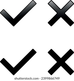 Iconos de marca cruzada y marcada. Señales de marchas y cruces. Marcas simples diseño gráfico. Negro, con y sin sombra.