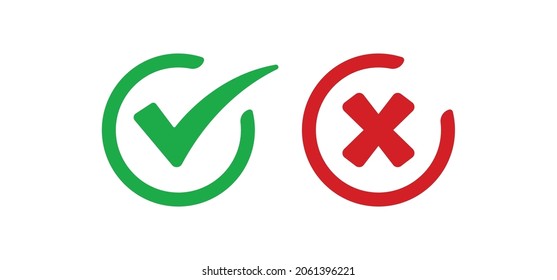 Iconos de marca cruzada y marca de verificación, botones vectoriales. Marca de verificación tictac y x.
