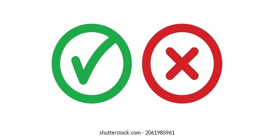 Cross and check mark icons, vector buttons. Checkmark tick and x.