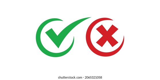Cross and check mark icons, vector buttons. Checkmark tick and x.