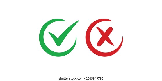 Cross and check mark icons, vector buttons. Checkmark tick and x.