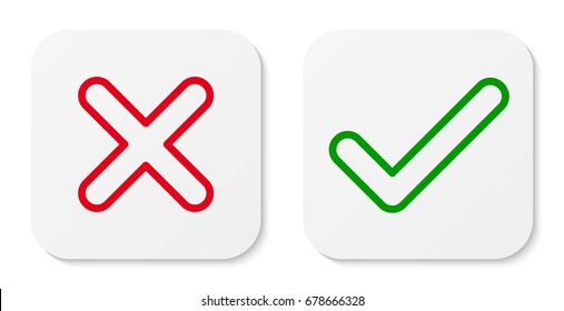 Cross & check mark line icons, flat square buttons set. Vector EPS10