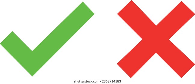 Cross check mark on transparent background. Isolated vector symbol. Check mark icon set. Check mark right symbol tick mark sign. Flat vector icon. Test question.