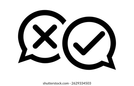 cross and check mark outline icon, forbidden and accepted speech bubble talking symbol, social media problem and solution sign