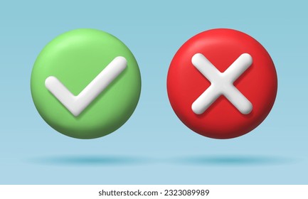 Marcar y marcar el conjunto de símbolos. Sí o no marca de verificación diseño de símbolos cruzados. Sí o no diseño de botón. Concepto de marca cruzada y marca de verificación. Botón 3D correcto e incorrecto.