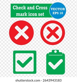 Marca de seleção e cruz ícone de vetor definido. Ilustração vetorial. Traçado editável. Tipo PNG. Eps 10