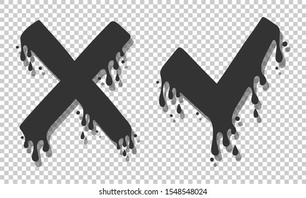 Cross and check marks, X and V icons. No and Yes symbols, vote and decision. Vector image. Cartoon style, liquid dripping. Isolated on transparent background.