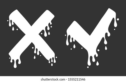 Cross and check marks, X and V icons. No and Yes symbols, vote and decision. Vector image. Cartoon style, liquid dripping. Isolated on black background.