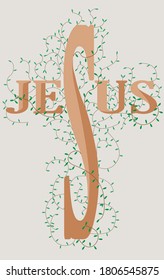 Cross of Christ instructed by the word Jesus and little branches in color