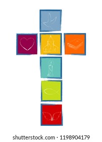 Cross with Christian symbols. Cross formed by colored squares with blue frame. Religious sign