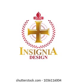 Cross of Christianity graphic emblem. Heraldic vector design element. Retro style label, religious insignia decorated with laurel wreath and Lily flower. Wealth and monarchy idea.