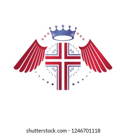 Cross of Christianity graphic emblem. Heraldic vector design element. Retro style label, religious insignia decorated with luxury monarch crown and liberty bird wings.