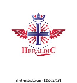 Cross of Christianity graphic emblem. Heraldic vector design element. Retro style label, religious insignia decorated with luxury monarch crown and liberty bird wings.