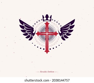 Cross of Christianity graphic emblem. Heraldic vector design element. Retro style label, religious insignia decorated with luxury monarch crown and liberty bird wings.