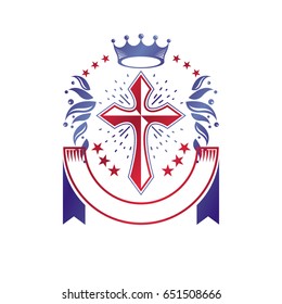 Cross of Christianity graphic emblem. Heraldic vector design element. Retro style label, heraldry logo, religious insignia decorated with luxury ribbon and monarch crown.