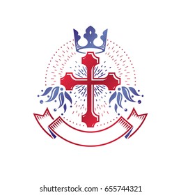Cross of Christianity graphic emblem. Heraldic vector design element. Retro style label, heraldry logo, religious insignia decorated with luxury ribbon and monarch crown.