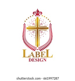 Cross of Christianity graphic emblem. Heraldic vector design element. Retro style label, religious insignia decorated with laurel wreath and Lily flower. Wealth and monarchy idea.