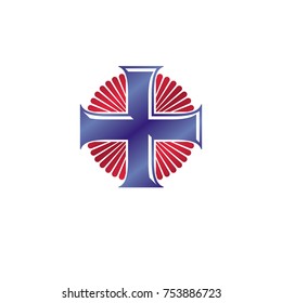 Cross of Christianity graphic emblem. Heraldic vector design element. Retro style label, heraldry logo, religious insignia.
