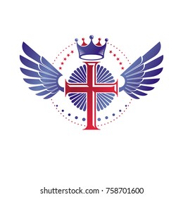 Cross of Christianity graphic emblem. Heraldic vector design element. Retro style label, religious insignia decorated with luxury monarch crown and liberty bird wings.