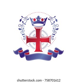 Cross of Christianity graphic emblem. Heraldic vector design element. Retro style label, heraldry logo, religious insignia decorated with luxury ribbon and monarch crown.