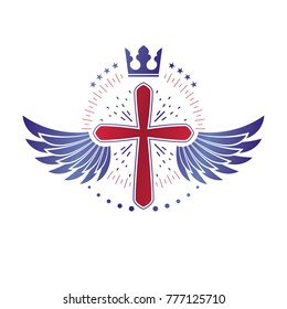 Cross of Christianity graphic emblem. Heraldic vector design element. Retro style label, religious insignia decorated with luxury monarch crown and liberty bird wings.