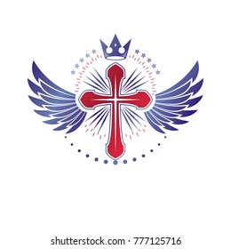 Cross of Christianity graphic emblem. Heraldic vector design element. Retro style label, religious insignia decorated with luxury monarch crown and liberty bird wings.