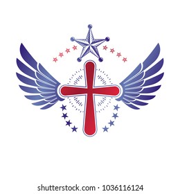 Cross of Christianity graphic winged emblem, the faith is free. Heraldic vector design element. Retro style label, religious insignia decorated with bird wings and pentagonal star.